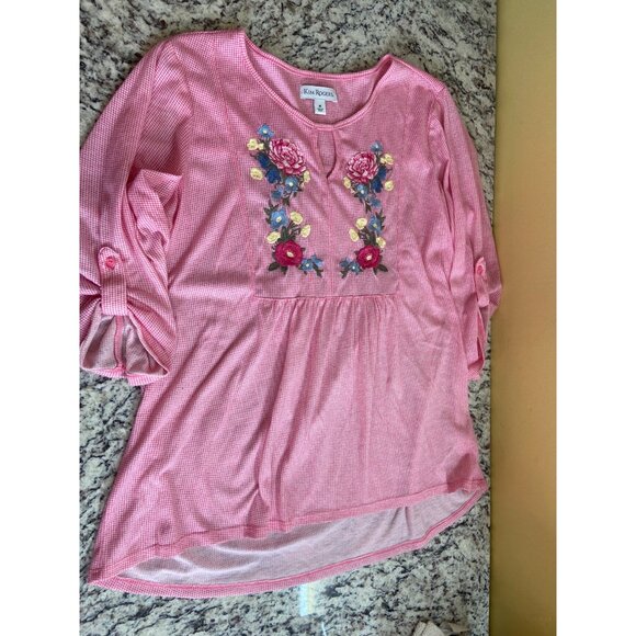 Kim Rogers Womens Medium Tunic Top Pink Gingham Embroidered Floral Grannycore - Picture 6 of 10